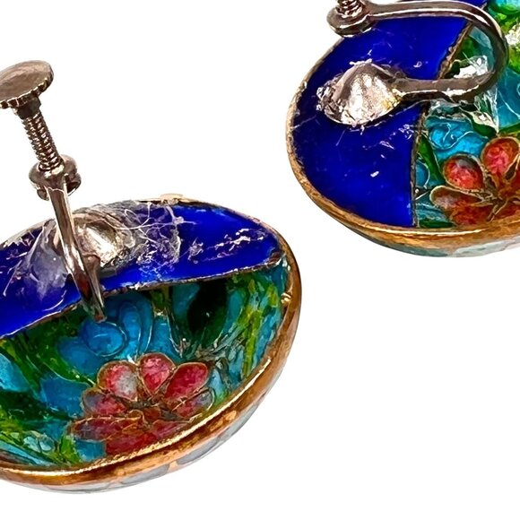 Vtg Floral Cloisonné Screw-Back Dome Earrings Floral Translucent Enamel Art - Picture 5 of 11